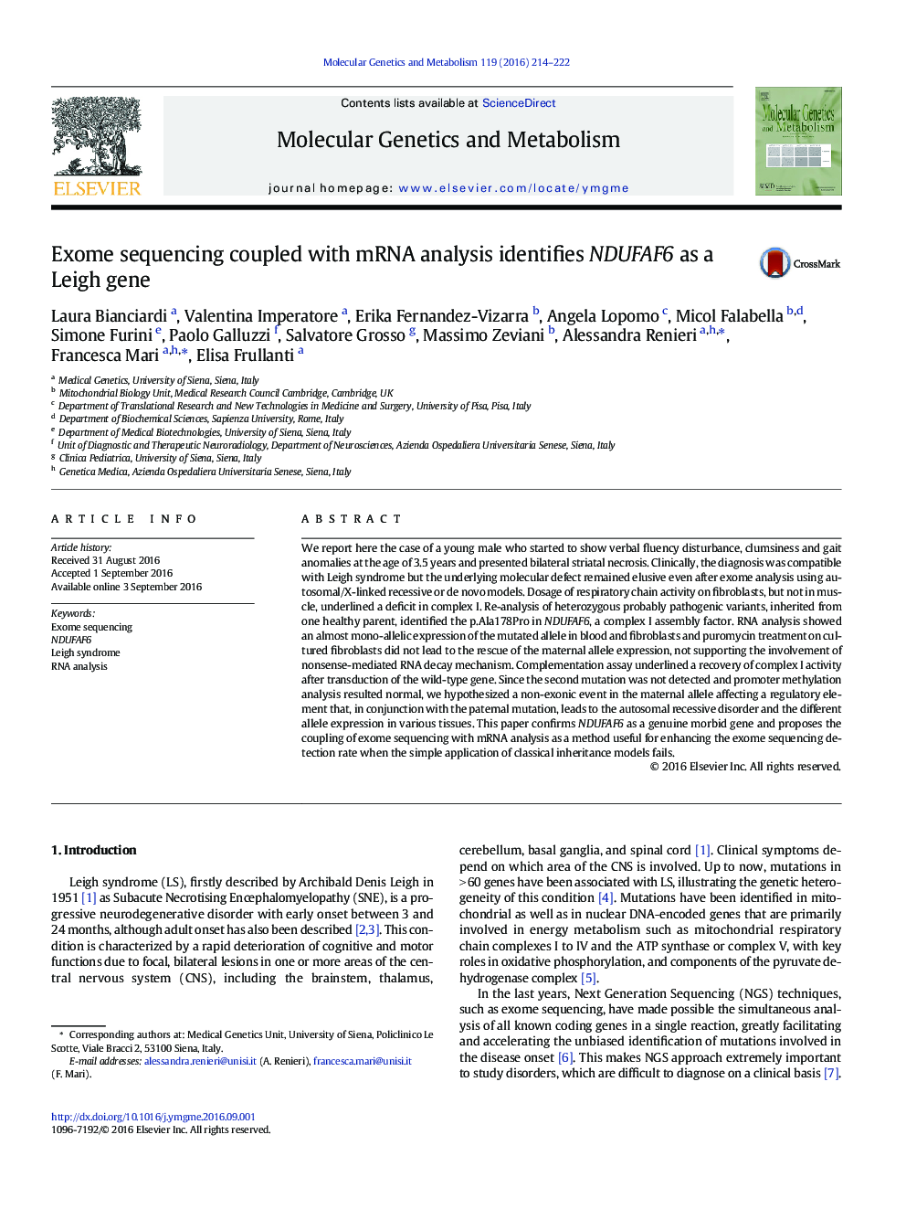 Exome sequencing coupled with mRNA analysis identifies NDUFAF6 as a Leigh gene