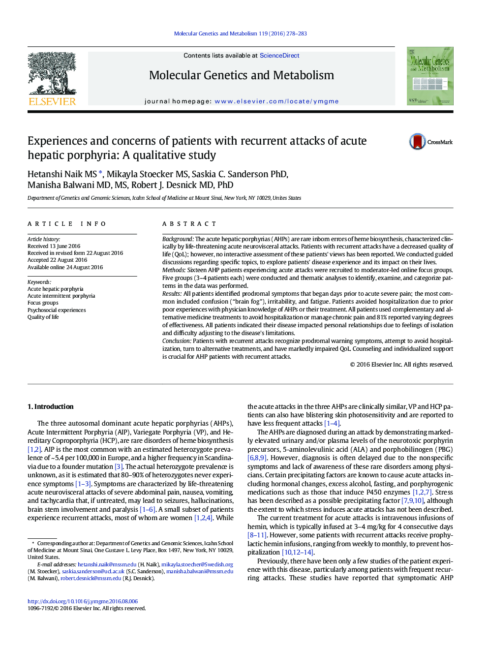 Experiences and concerns of patients with recurrent attacks of acute hepatic porphyria: A qualitative study