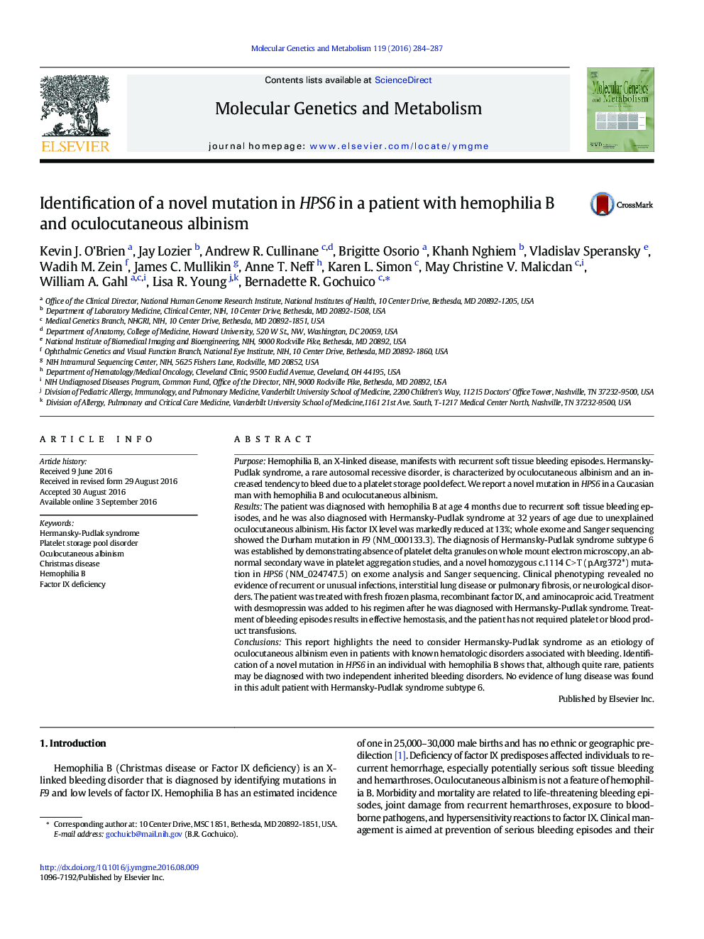 Identification of a novel mutation in HPS6 in a patient with hemophilia B and oculocutaneous albinism