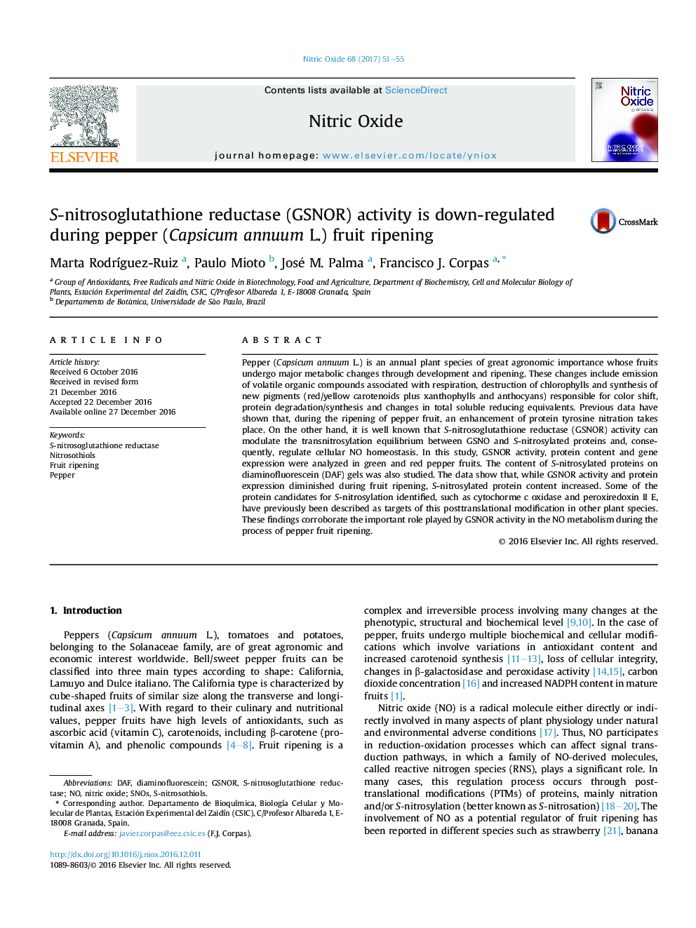 S-nitrosoglutathione reductase (GSNOR) activity is down-regulated during pepper (Capsicum annuum L.) fruit ripening