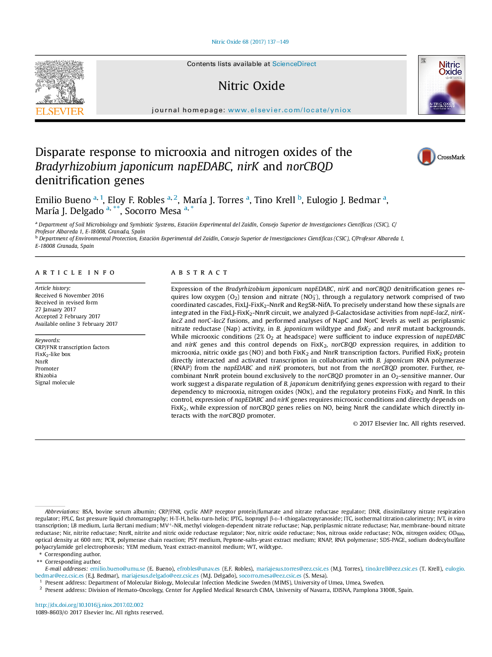 Disparate response to microoxia and nitrogen oxides of the Bradyrhizobium japonicum napEDABC, nirK and norCBQD denitrification genes