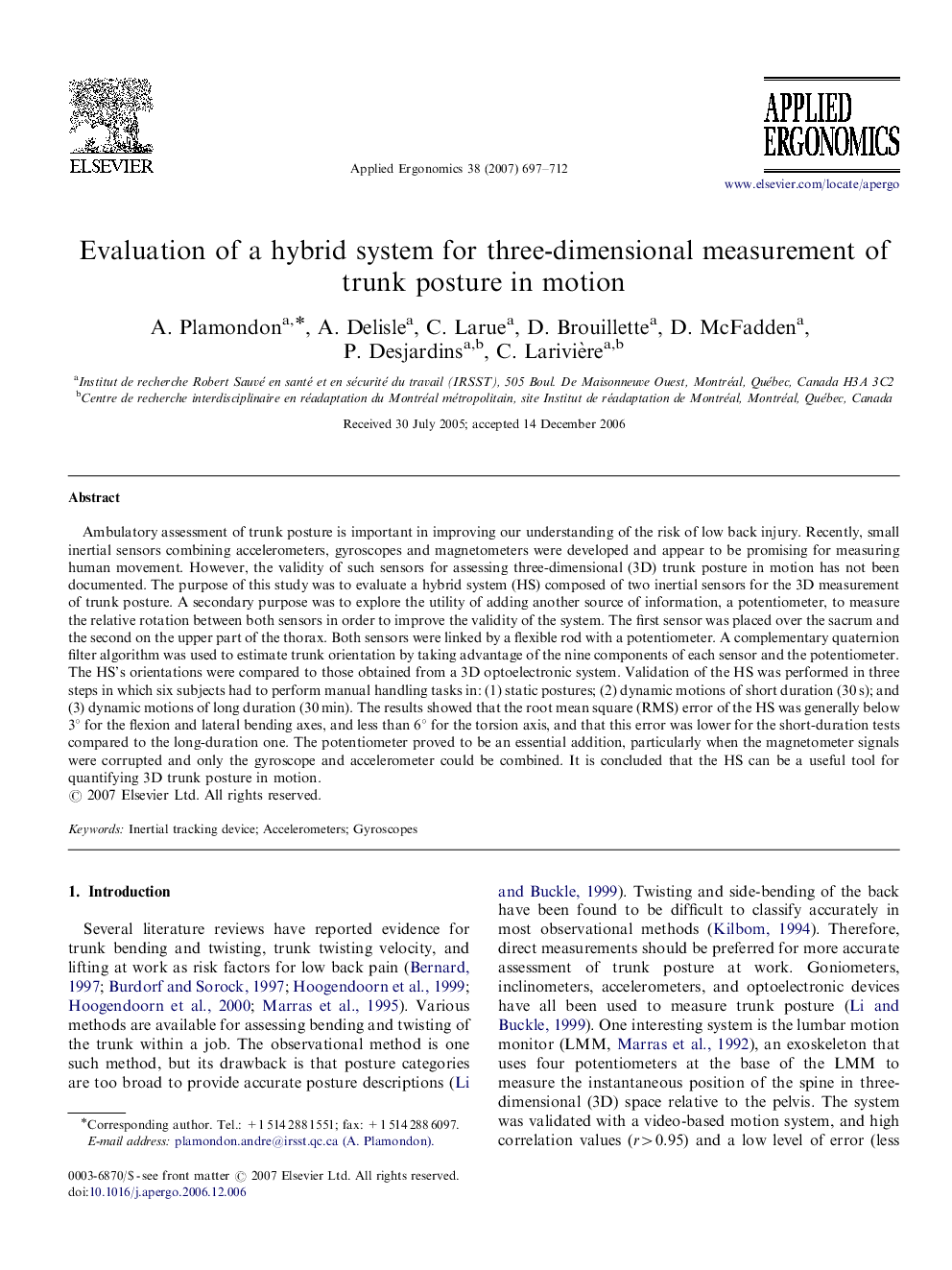 Evaluation of a hybrid system for three-dimensional measurement of trunk posture in motion