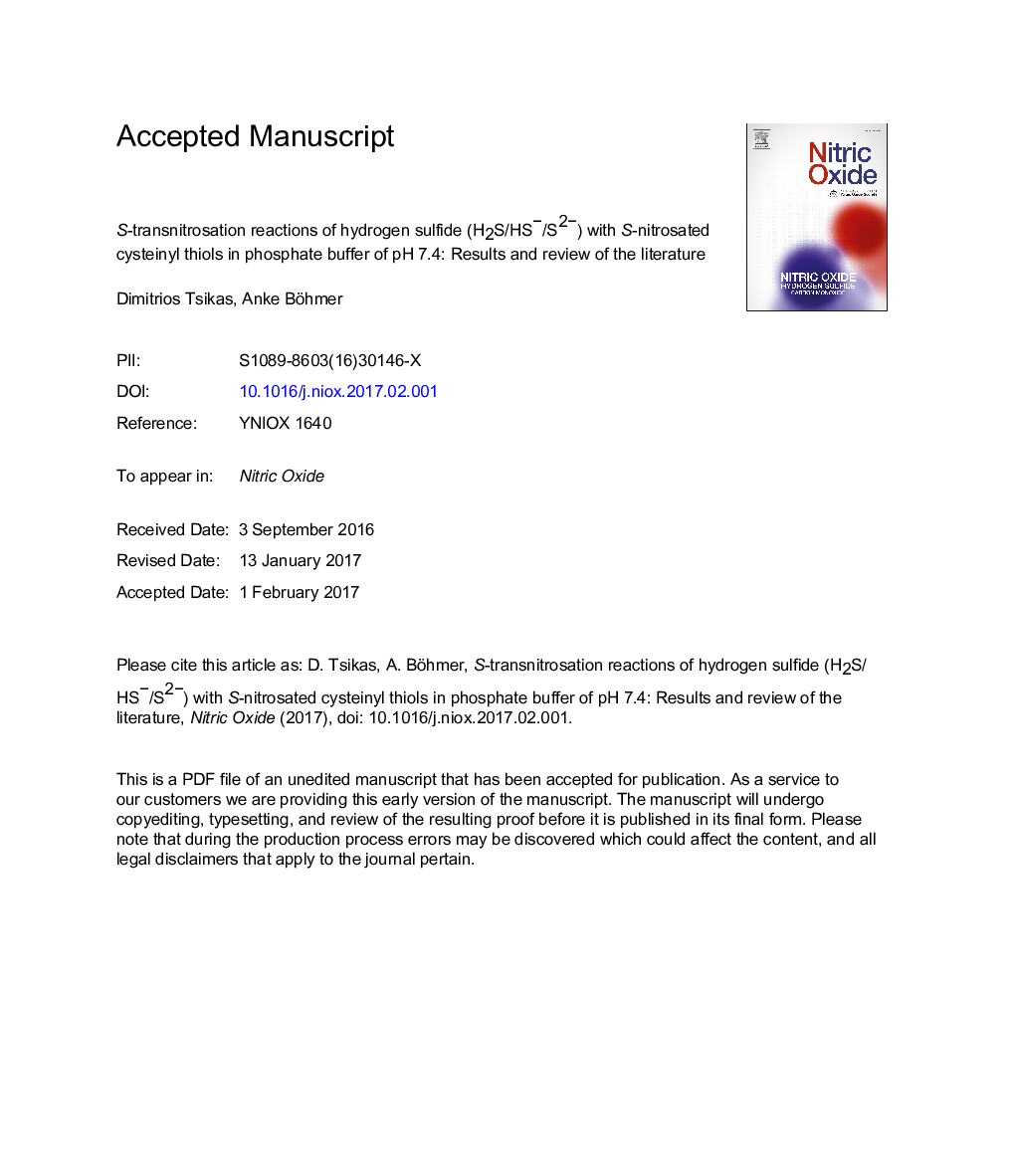 S-Transnitrosation reactions of hydrogen sulfide (H2S/HSâ/S2â) with S-nitrosated cysteinyl thiols in phosphate buffer of pH 7.4: Results andÂ review of the literature