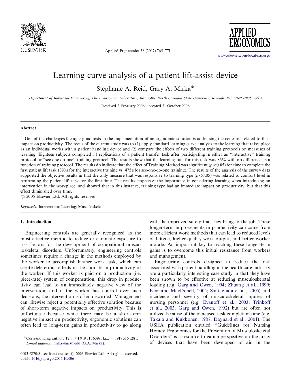 Learning curve analysis of a patient lift-assist device