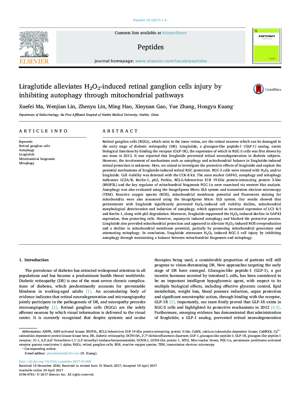 Liraglutide alleviates H2O2-induced retinal ganglion cells injury by inhibiting autophagy through mitochondrial pathways