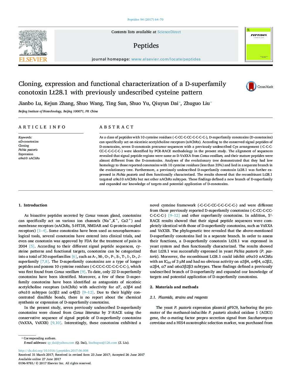 Cloning, expression and functional characterization of a D-superfamily conotoxin Lt28.1 with previously undescribed cysteine pattern