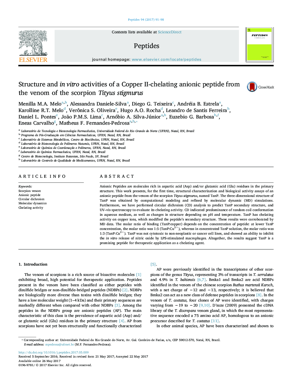 Structure and in vitro activities of a Copper II-chelating anionic peptide from the venom of the scorpion Tityus stigmurus