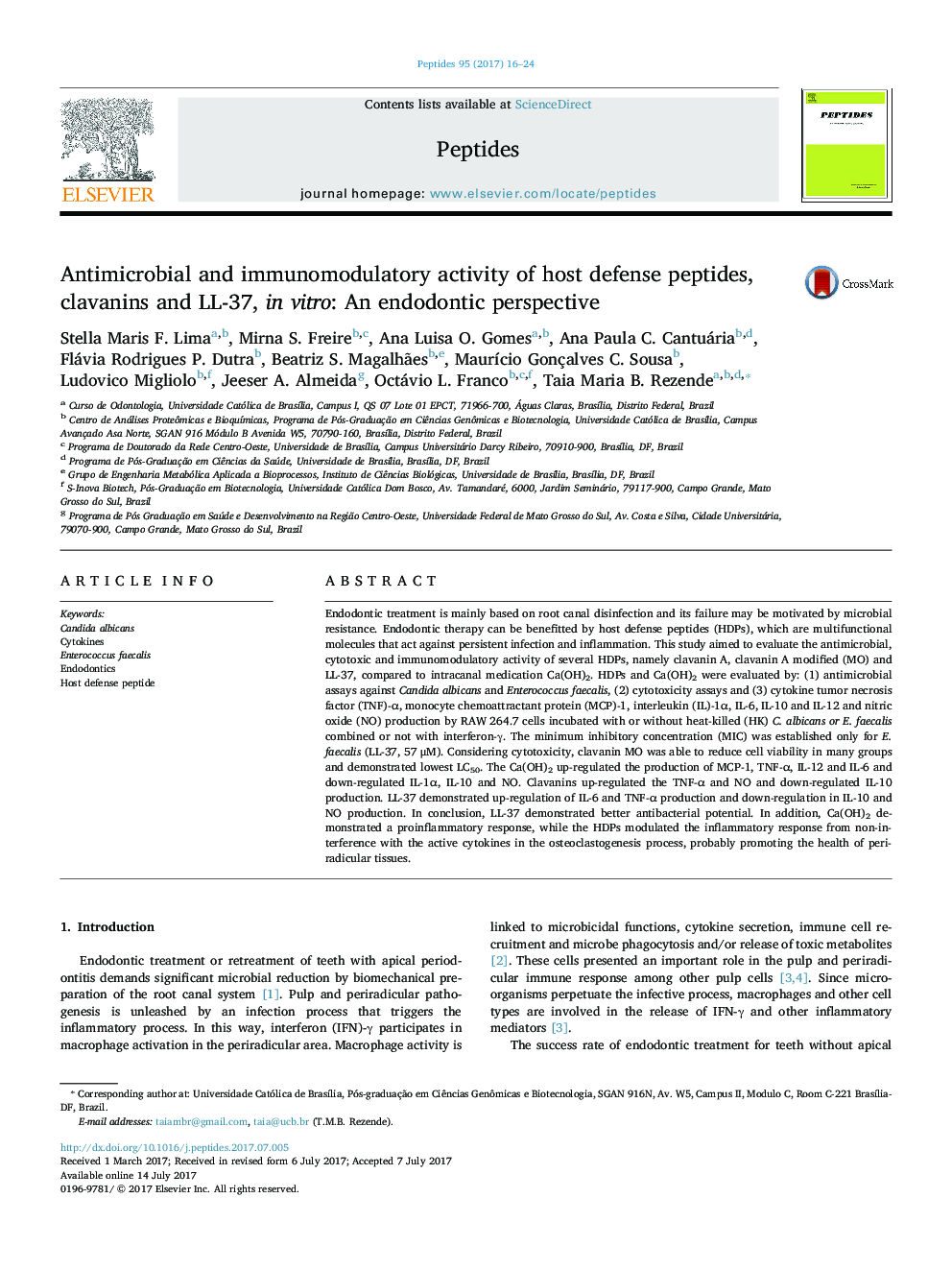 Antimicrobial and immunomodulatory activity of host defense peptides, clavanins and LL-37, in vitro: An endodontic perspective