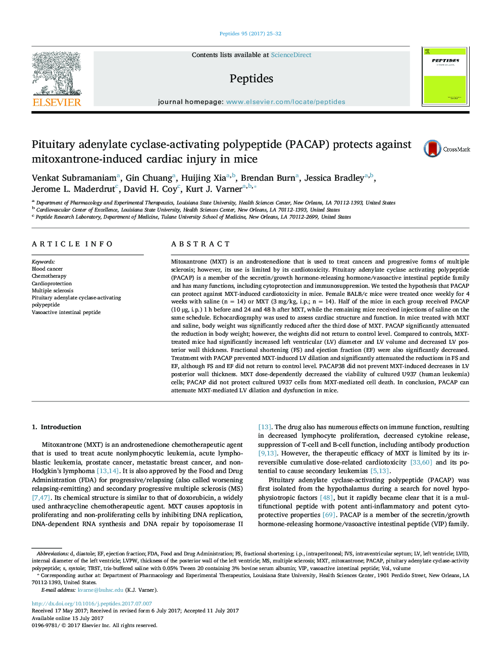 Pituitary adenylate cyclase-activating polypeptide (PACAP) protects against mitoxantrone-induced cardiac injury in mice