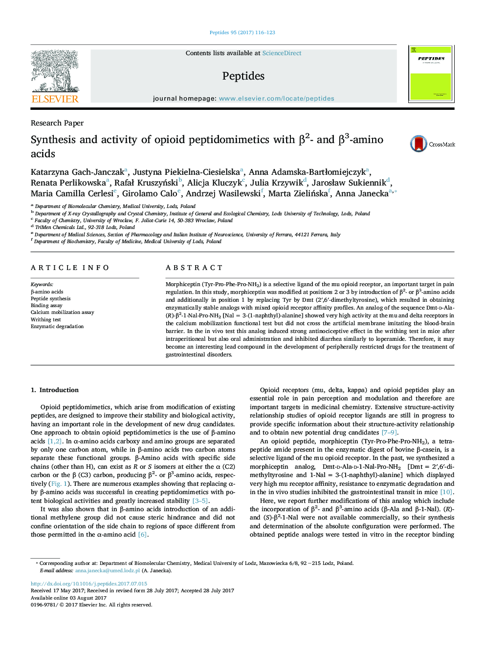 Research PaperSynthesis and activity of opioid peptidomimetics with Î²2- and Î²3-amino acids