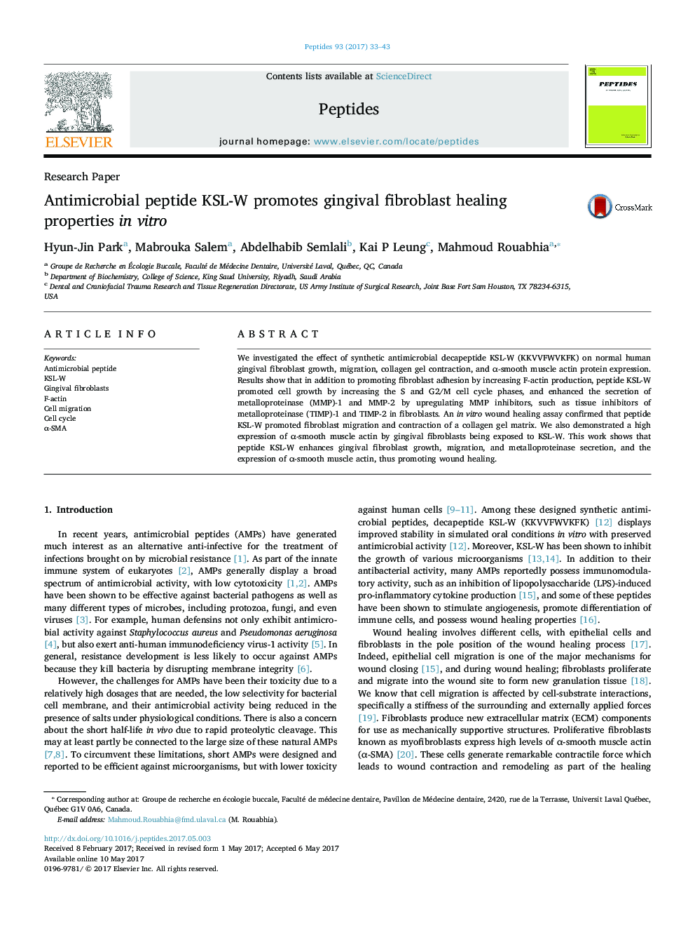 Research PaperAntimicrobial peptide KSL-W promotes gingival fibroblast healing properties in vitro