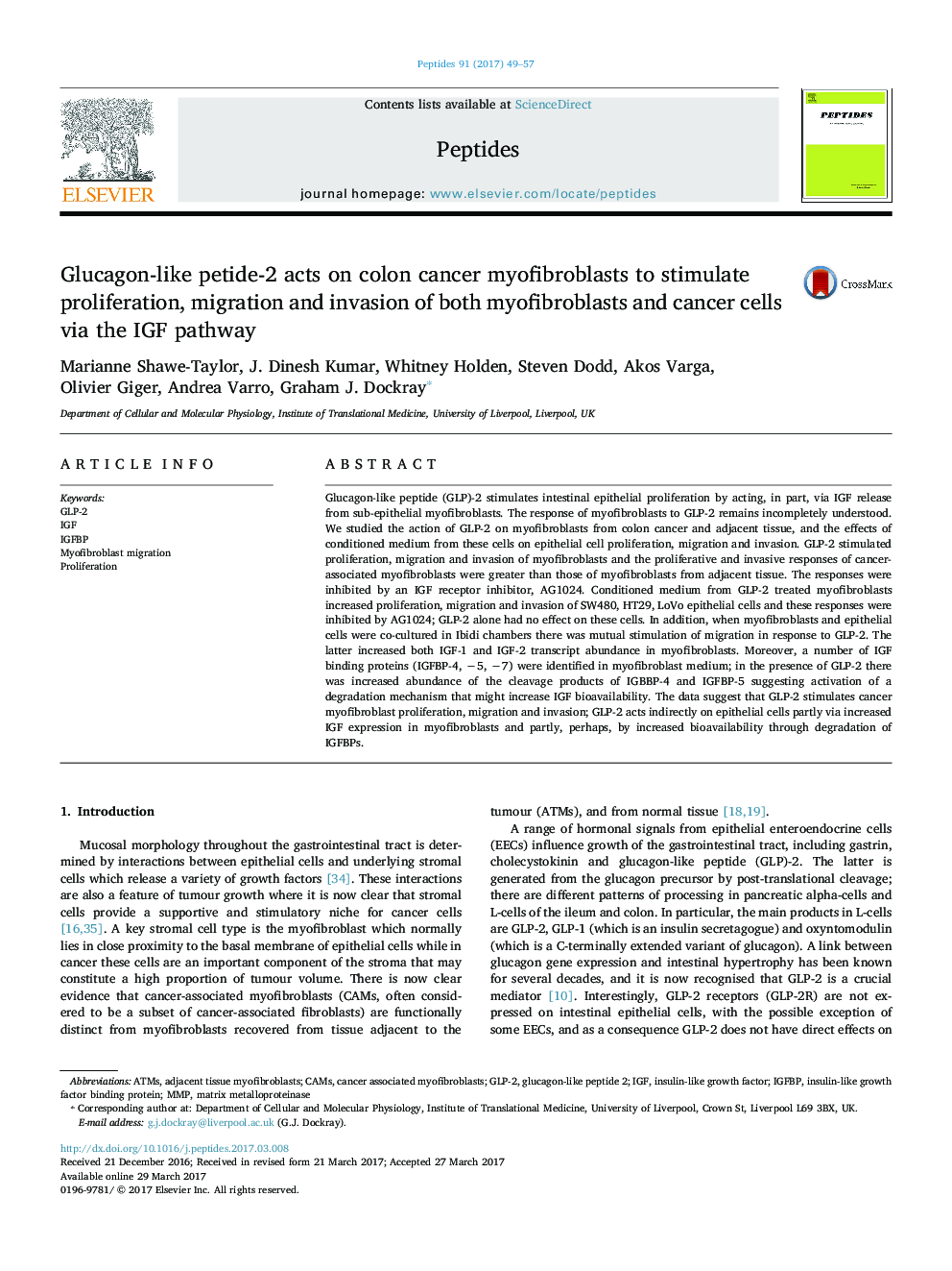 Glucagon-like petide-2 acts on colon cancer myofibroblasts to stimulate proliferation, migration and invasion of both myofibroblasts and cancer cells via the IGF pathway