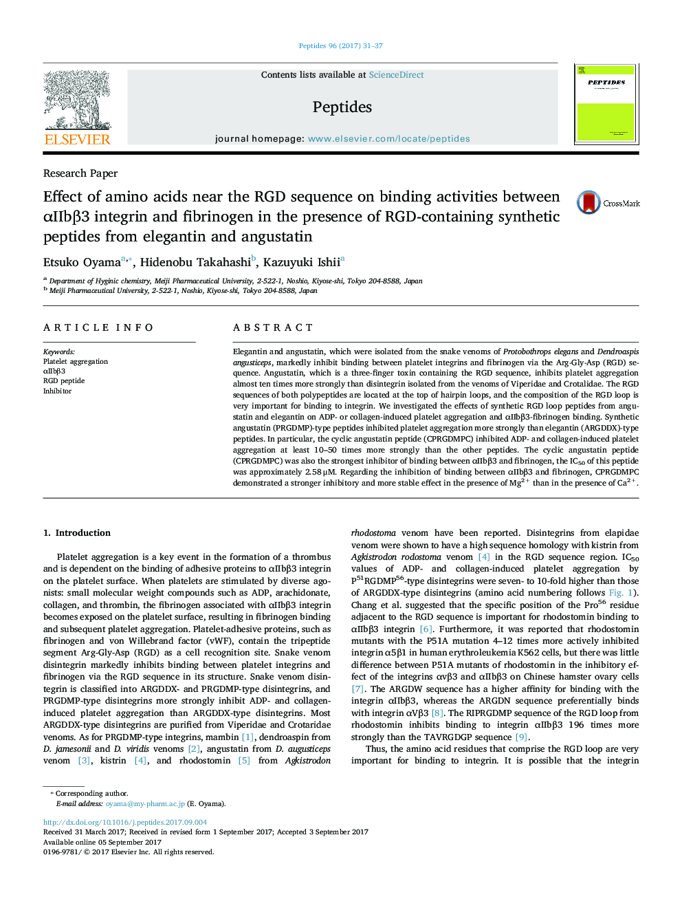 Research PaperEffect of amino acids near the RGD sequence on binding activities between Î±IIbÎ²3 integrin and fibrinogen in the presence of RGD-containing synthetic peptides from elegantin and angustatin