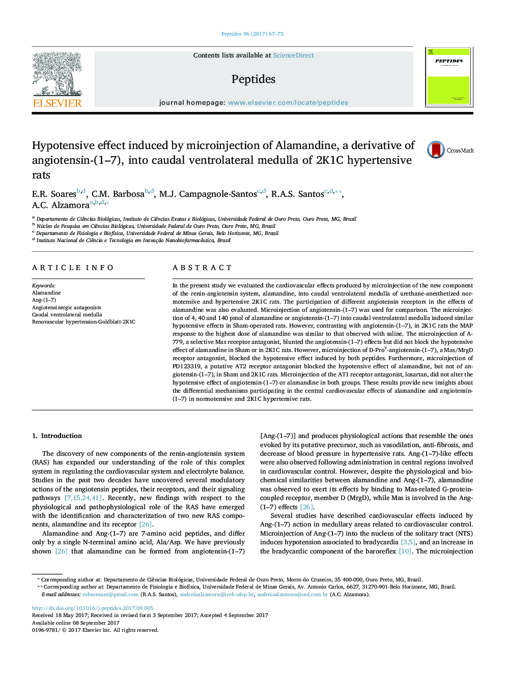 Hypotensive effect induced by microinjection of Alamandine, a derivative of angiotensin-(1-7), into caudal ventrolateral medulla of 2K1C hypertensive rats