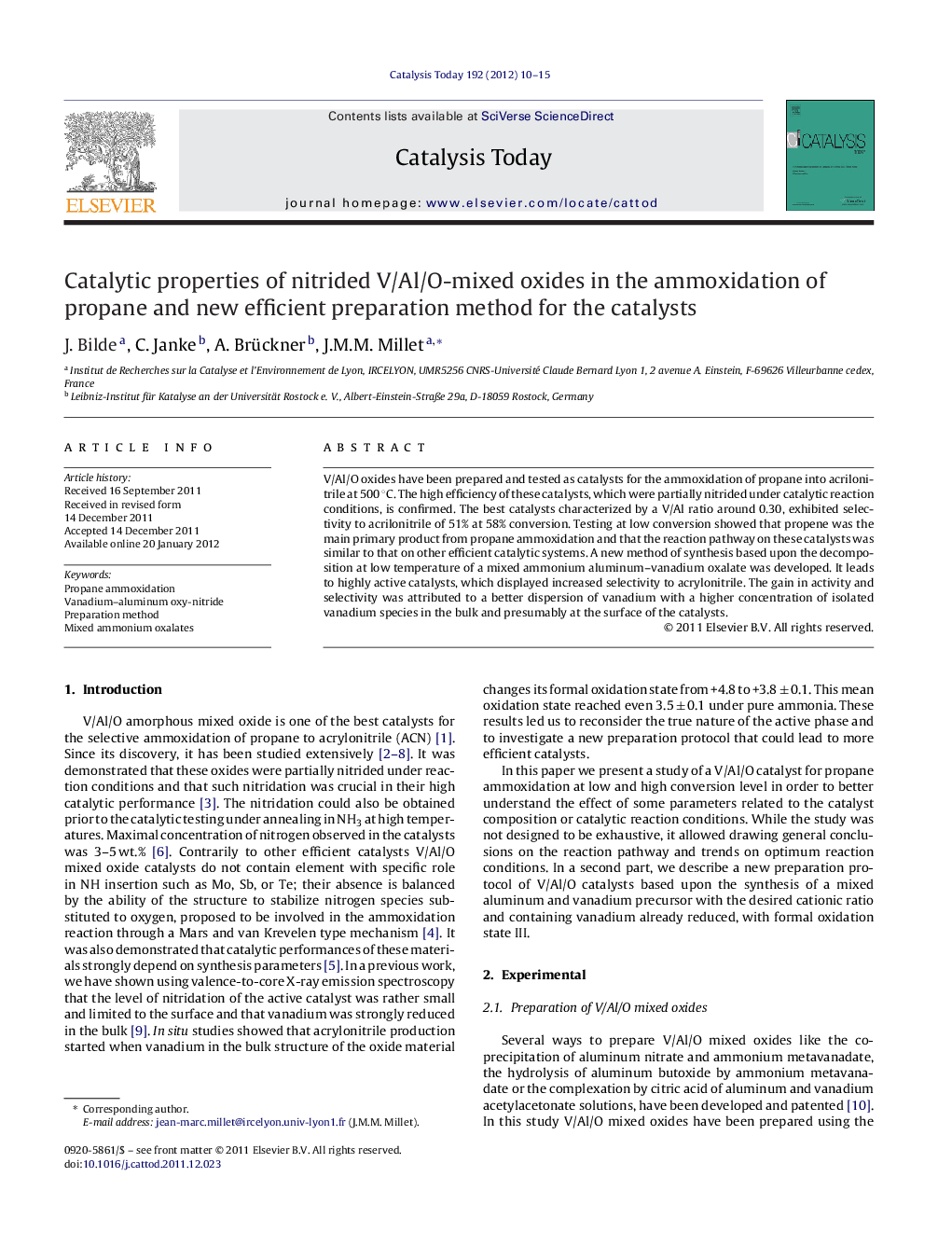 Catalytic properties of nitrided V/Al/O-mixed oxides in the ammoxidation of propane and new efficient preparation method for the catalysts