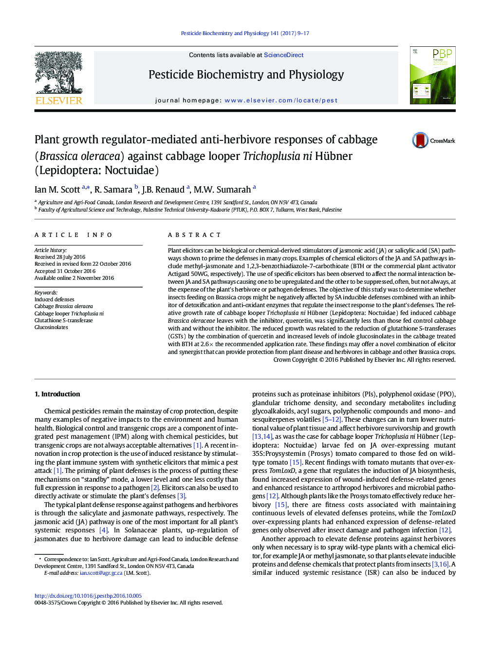 Plant growth regulator-mediated anti-herbivore responses of cabbage (Brassica oleracea) against cabbage looper Trichoplusia ni Hübner (Lepidoptera: Noctuidae)