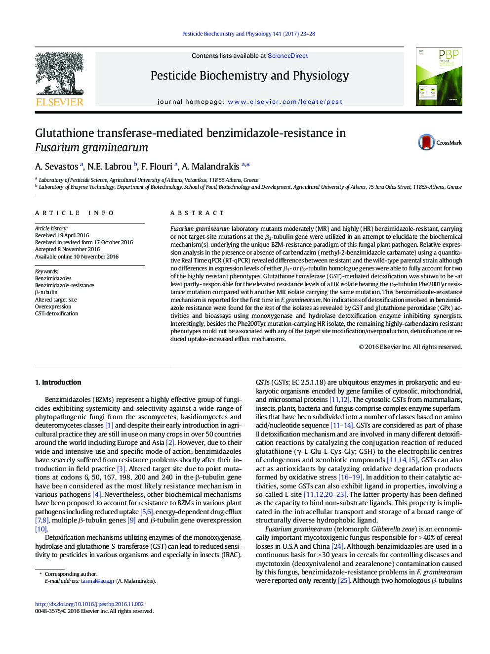 Glutathione transferase-mediated benzimidazole-resistance in Fusarium graminearum