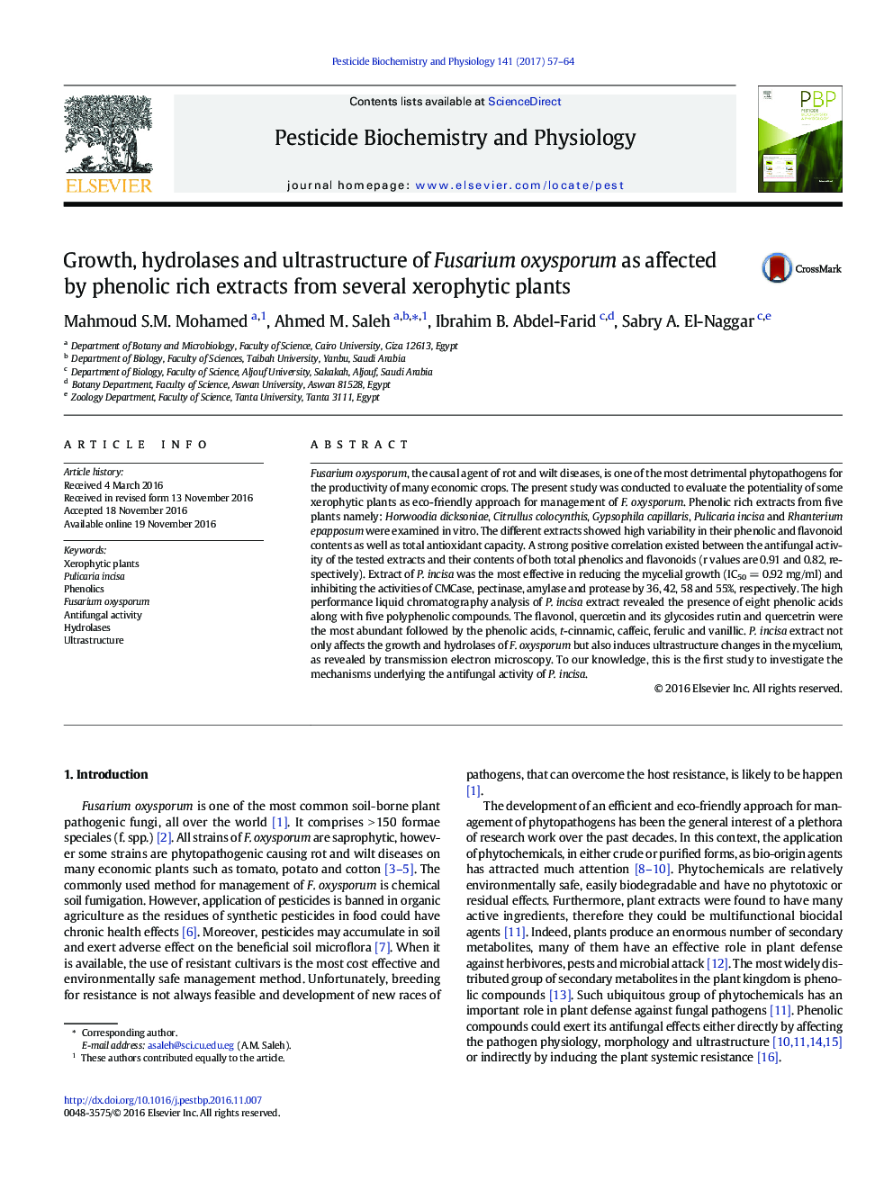 Growth, hydrolases and ultrastructure of Fusarium oxysporum as affected by phenolic rich extracts from several xerophytic plants