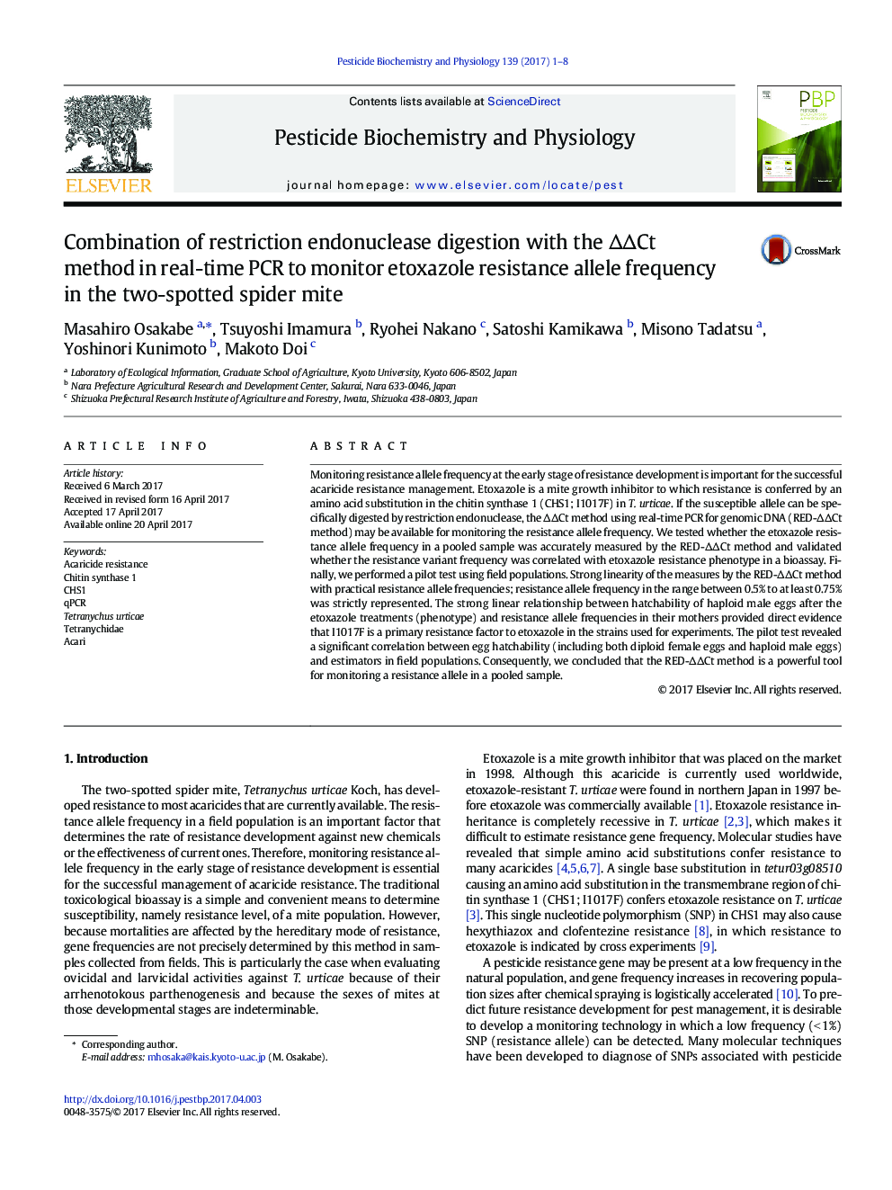 Combination of restriction endonuclease digestion with the ÎÎCt method in real-time PCR to monitor etoxazole resistance allele frequency in the two-spotted spider mite