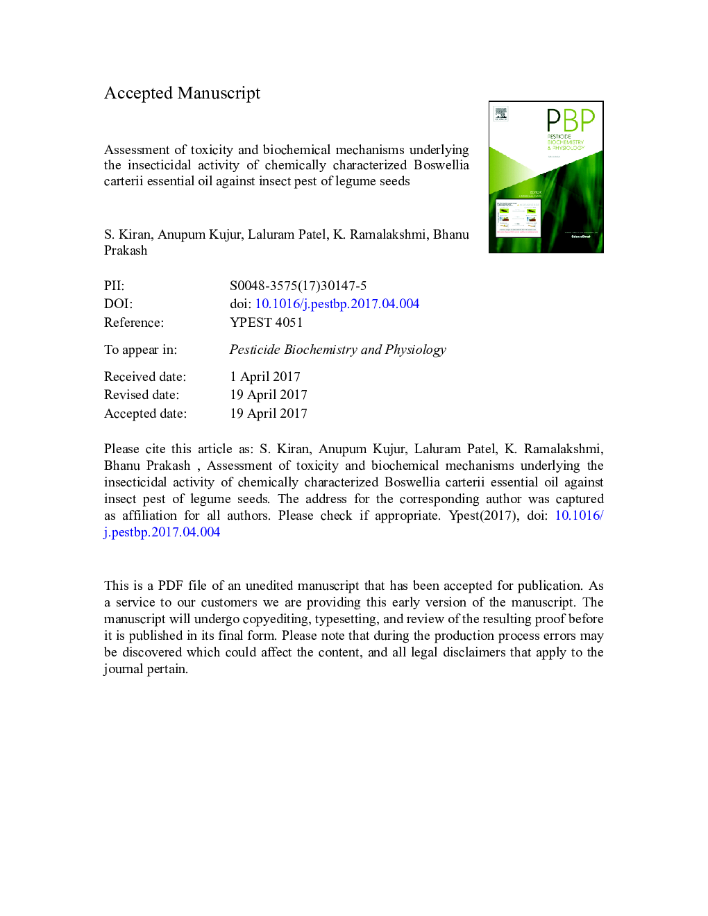 Assessment of toxicity and biochemical mechanisms underlying the insecticidal activity of chemically characterized Boswellia carterii essential oil against insect pest of legume seeds