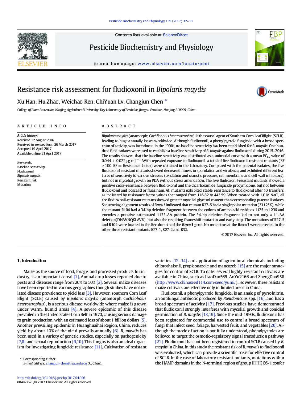 Resistance risk assessment for fludioxonil in Bipolaris maydis