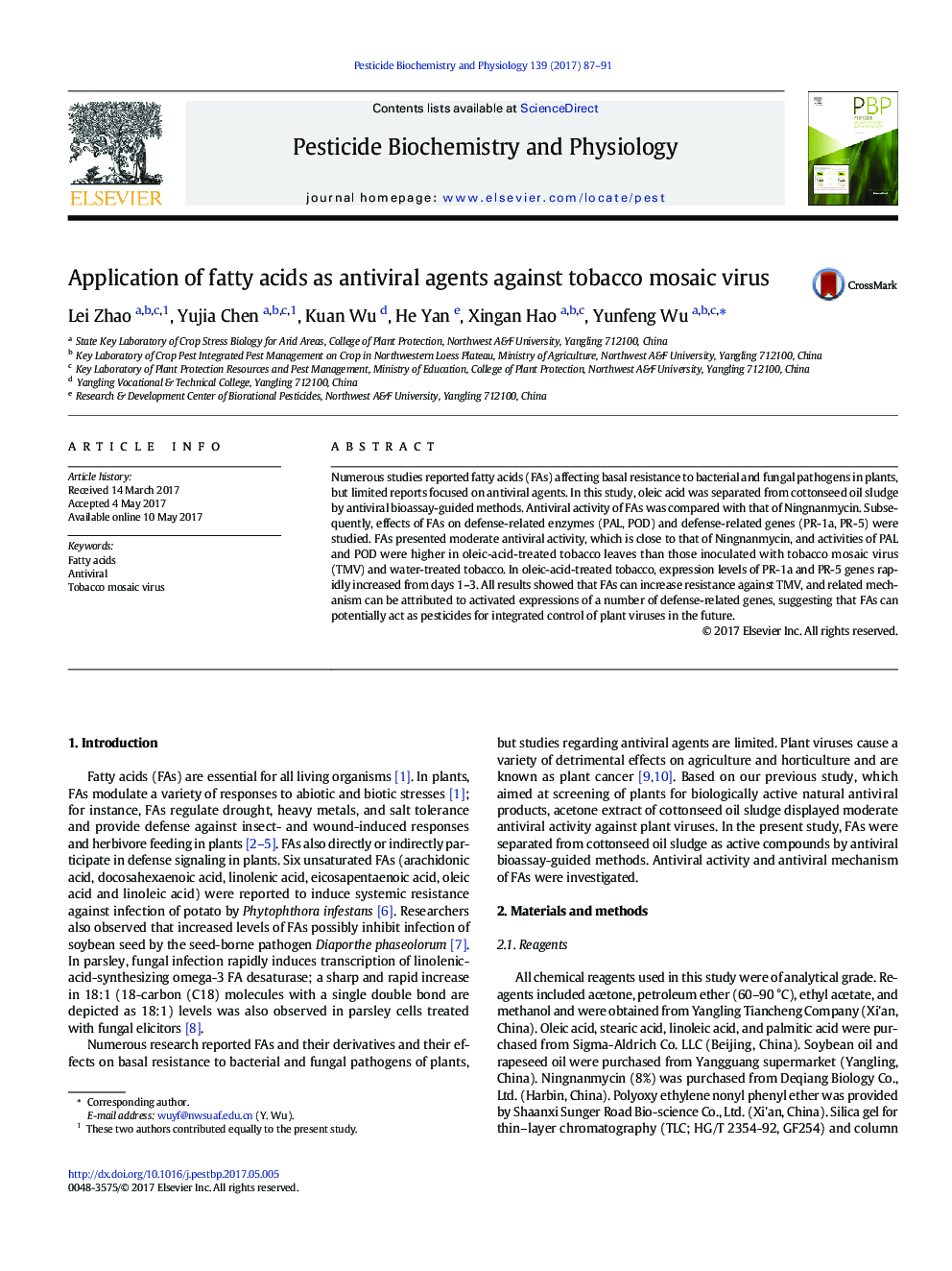 Application of fatty acids as antiviral agents against tobacco mosaic virus