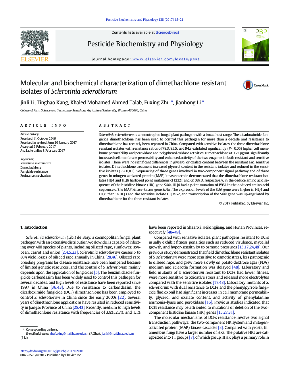 Molecular and biochemical characterization of dimethachlone resistant isolates of Sclerotinia sclerotiorum