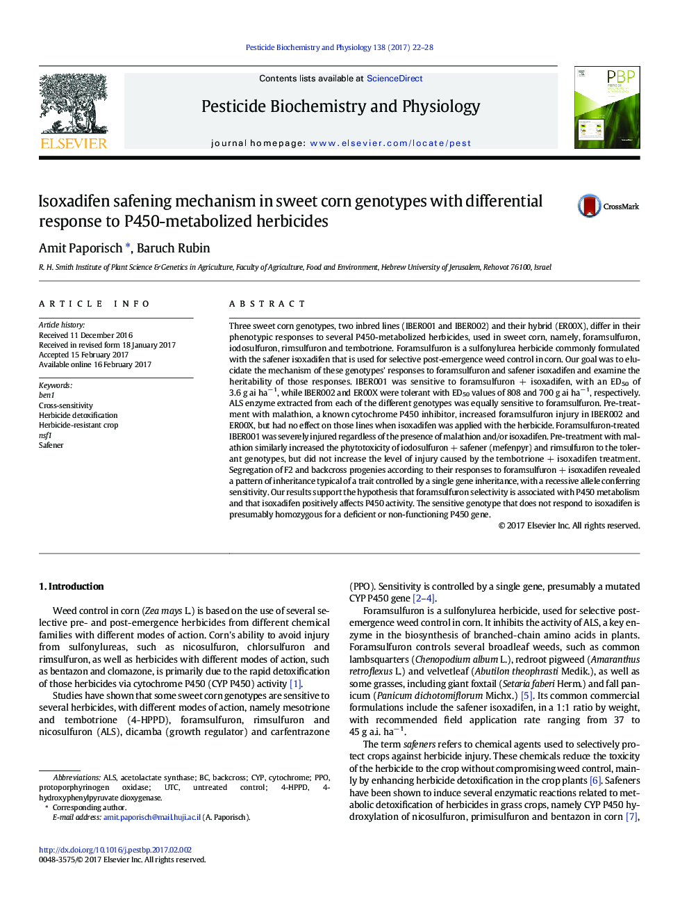 Isoxadifen safening mechanism in sweet corn genotypes with differential response to P450-metabolized herbicides