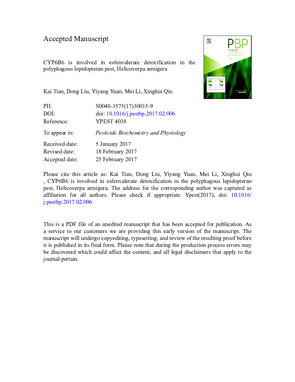 CYP6B6 is involved in esfenvalerate detoxification in the polyphagous lepidopteran pest, Helicoverpa armigera