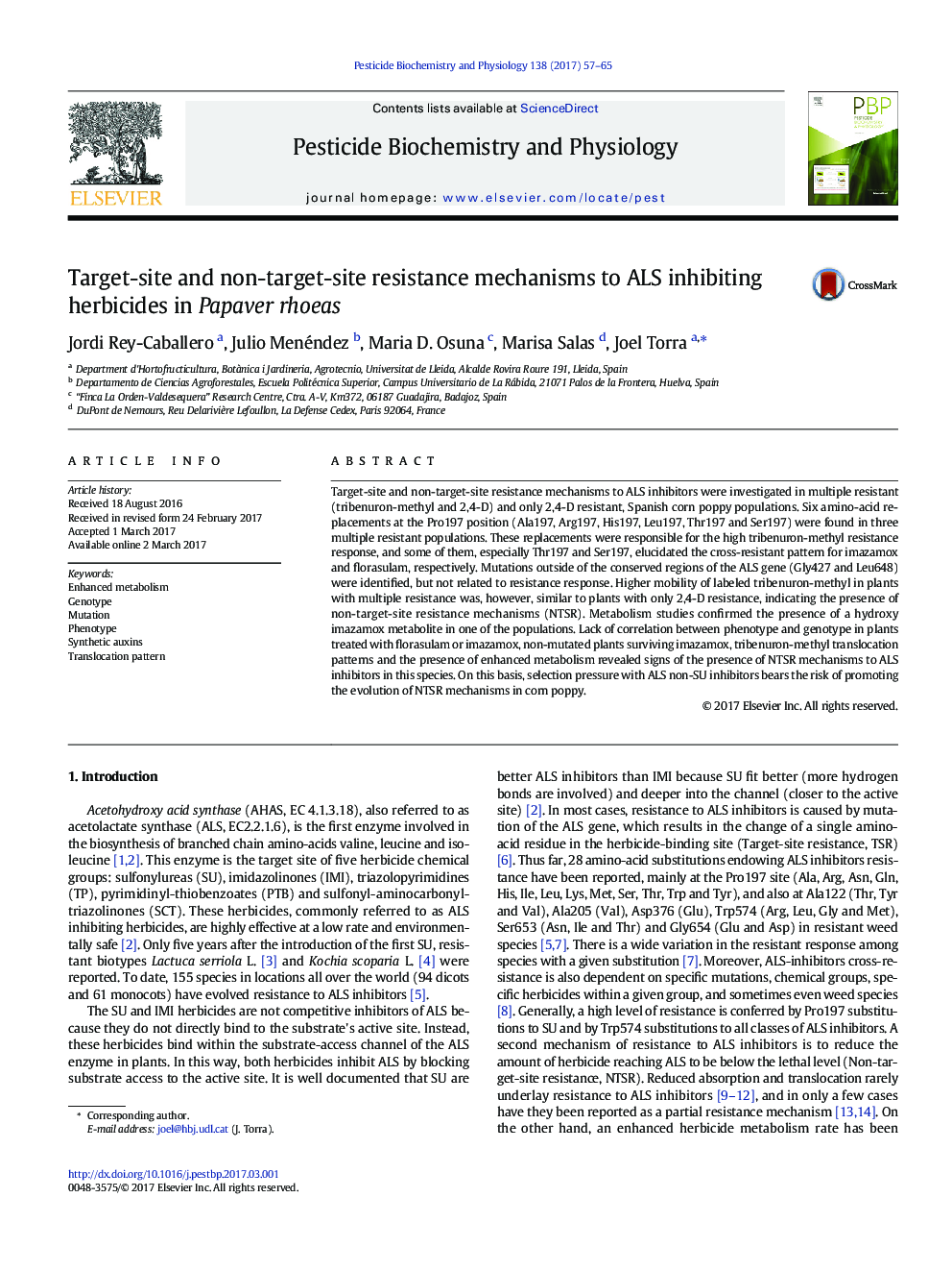 Target-site and non-target-site resistance mechanisms to ALS inhibiting herbicides in Papaver rhoeas