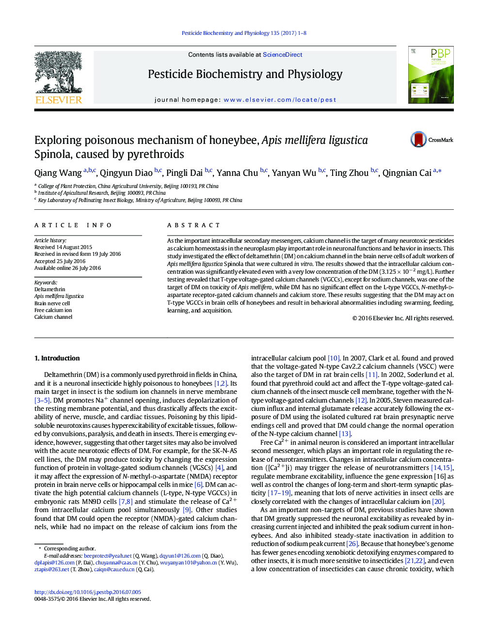 Exploring poisonous mechanism of honeybee, Apis mellifera ligustica Spinola, caused by pyrethroids