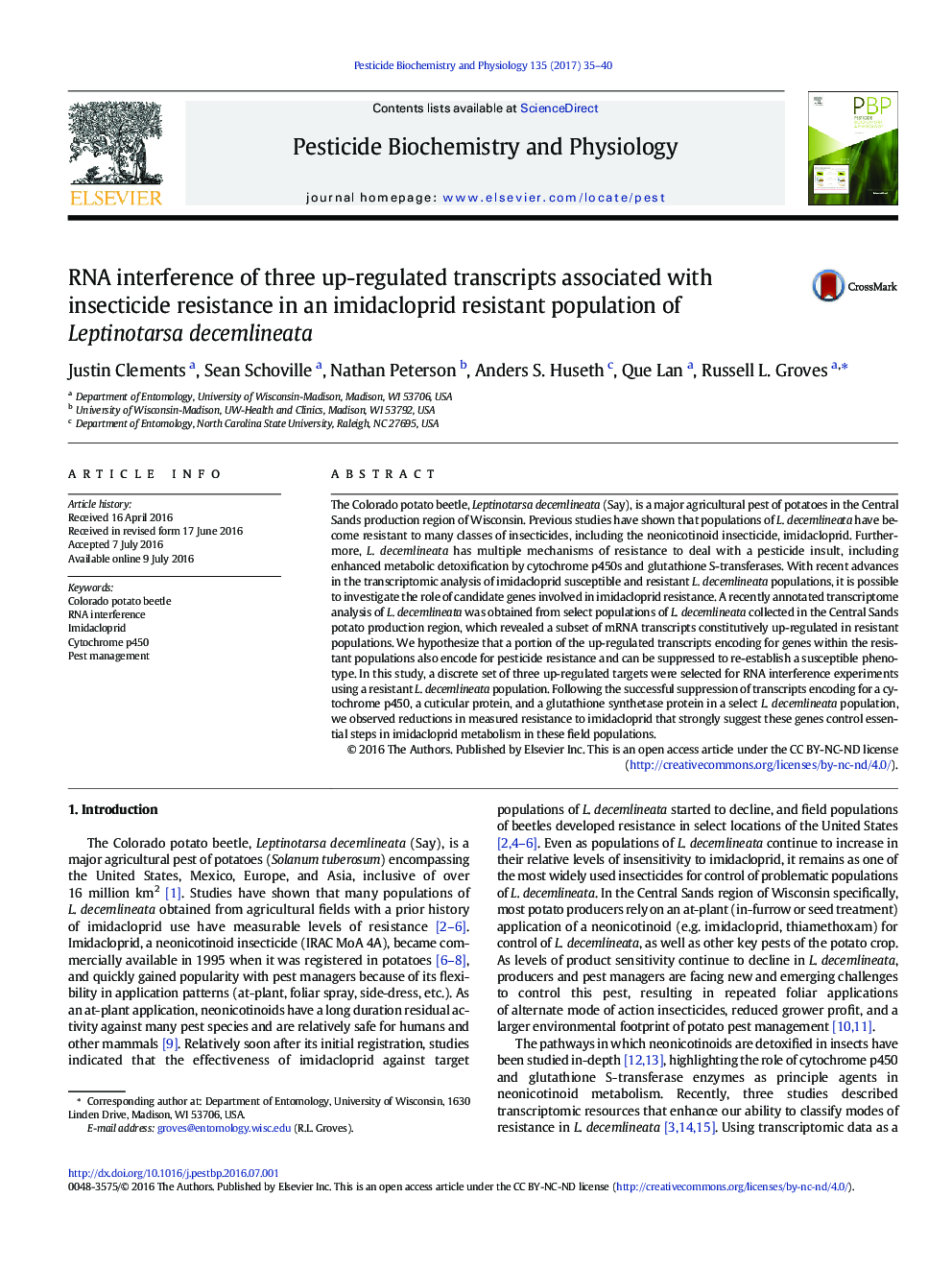 RNA interference of three up-regulated transcripts associated with insecticide resistance in an imidacloprid resistant population of Leptinotarsa decemlineata