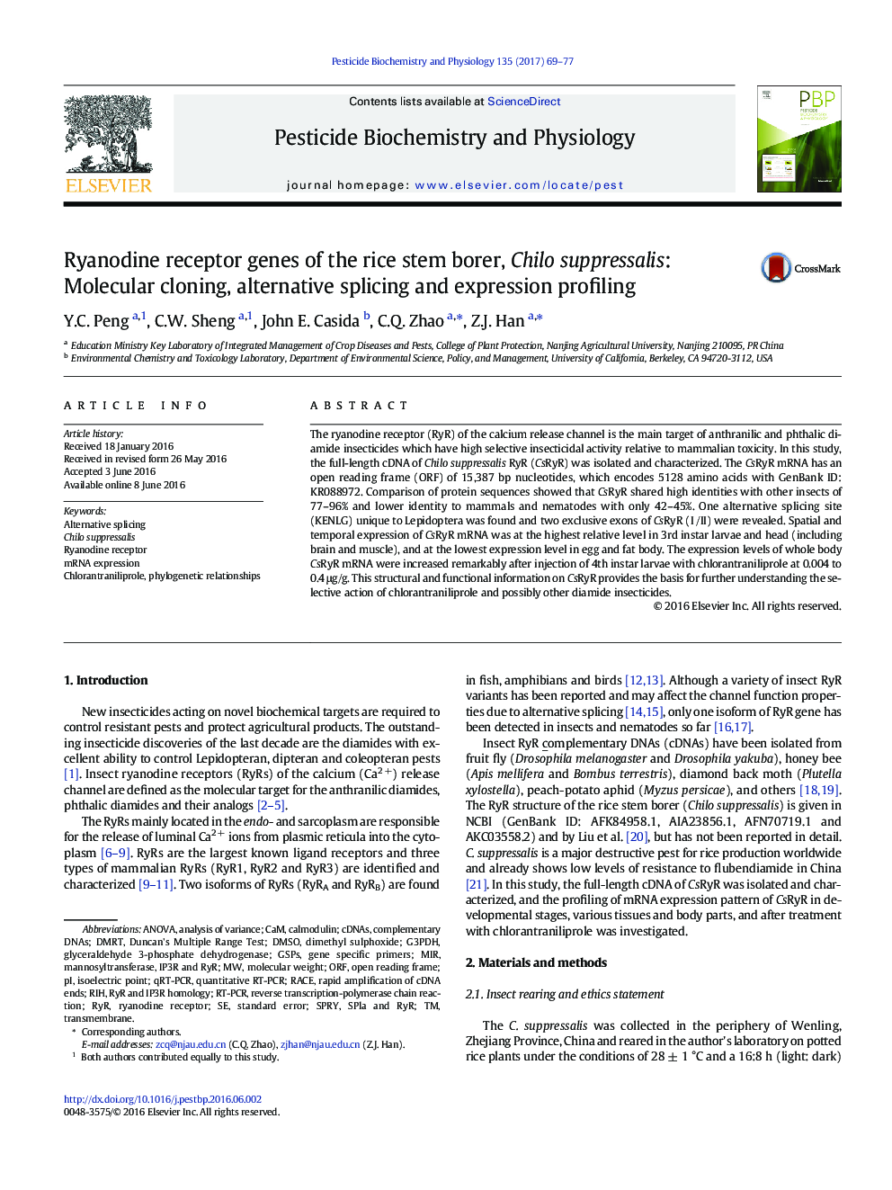 Ryanodine receptor genes of the rice stem borer, Chilo suppressalis: Molecular cloning, alternative splicing and expression profiling