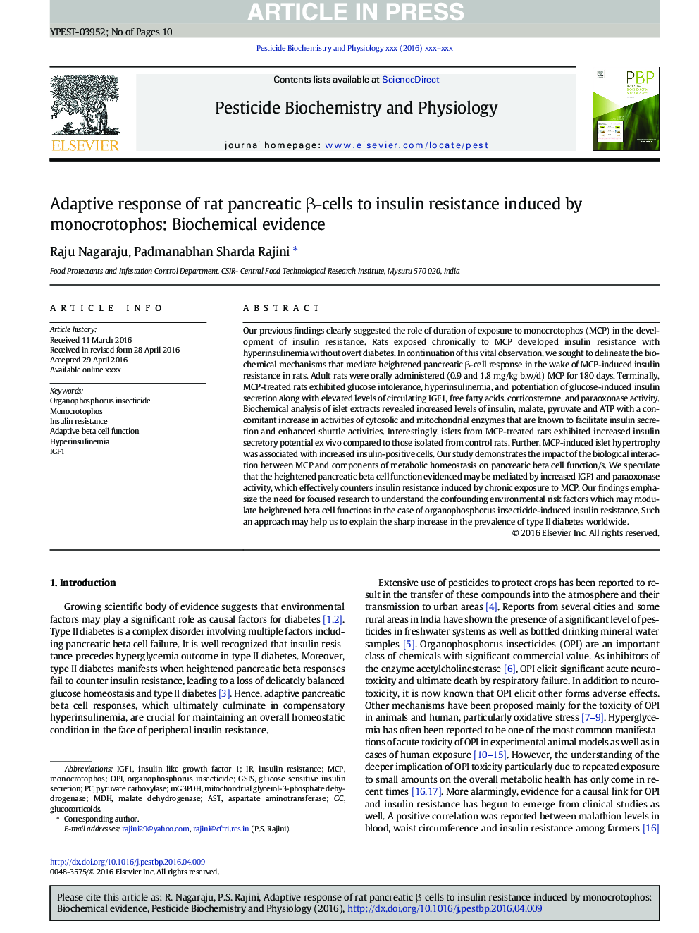 Adaptive response of rat pancreatic Î²-cells to insulin resistance induced by monocrotophos: Biochemical evidence