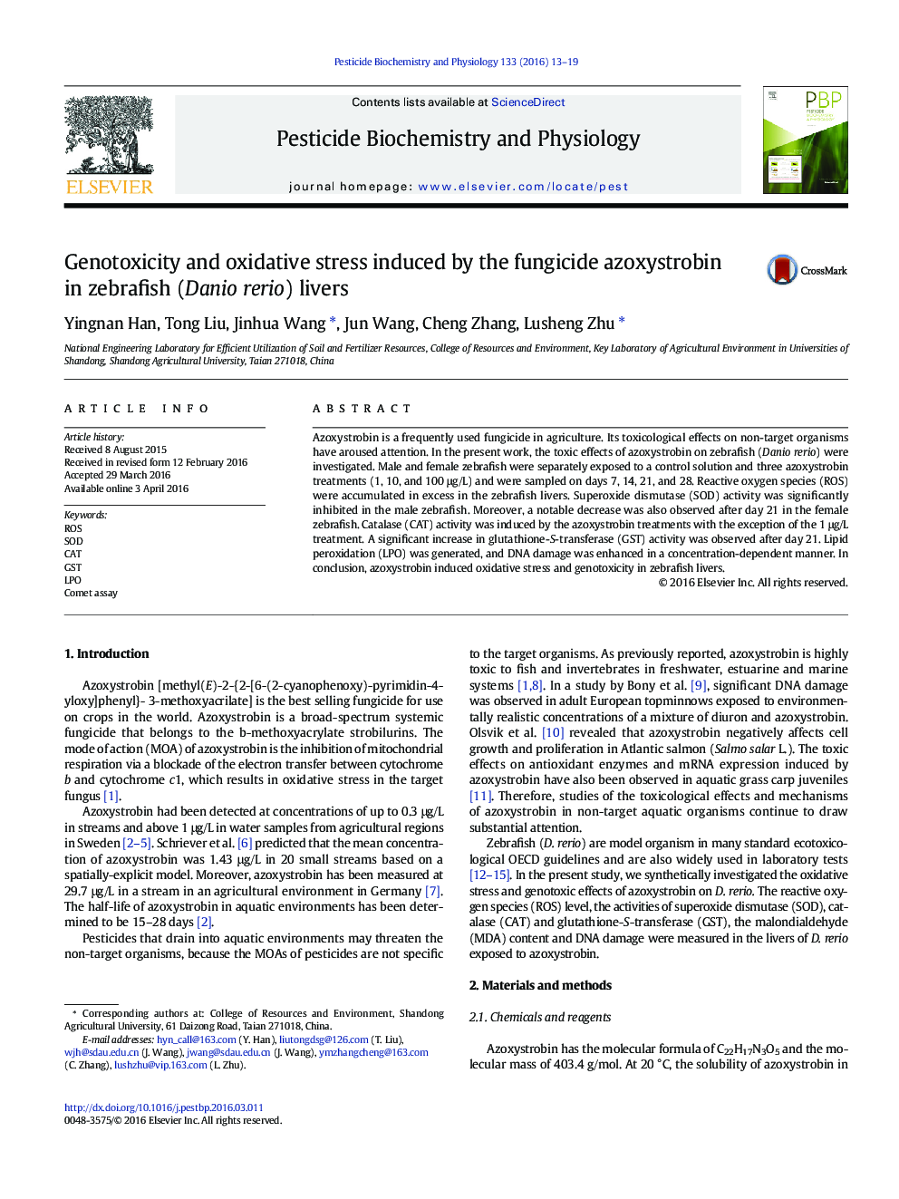 Genotoxicity and oxidative stress induced by the fungicide azoxystrobin in zebrafish (Danio rerio) livers