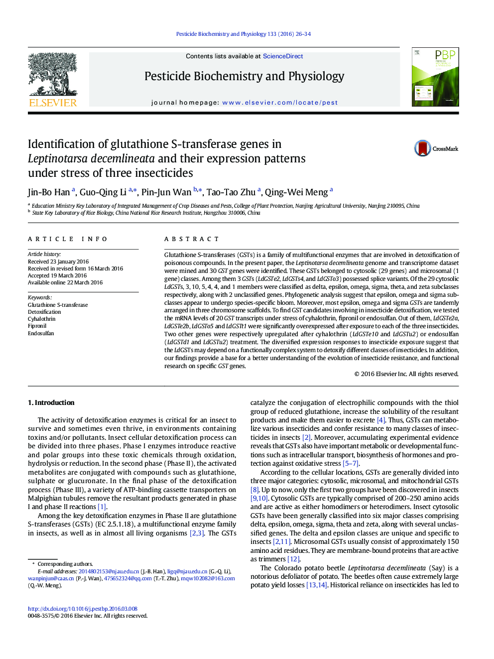 Identification of glutathione S-transferase genes in Leptinotarsa decemlineata and their expression patterns under stress of three insecticides