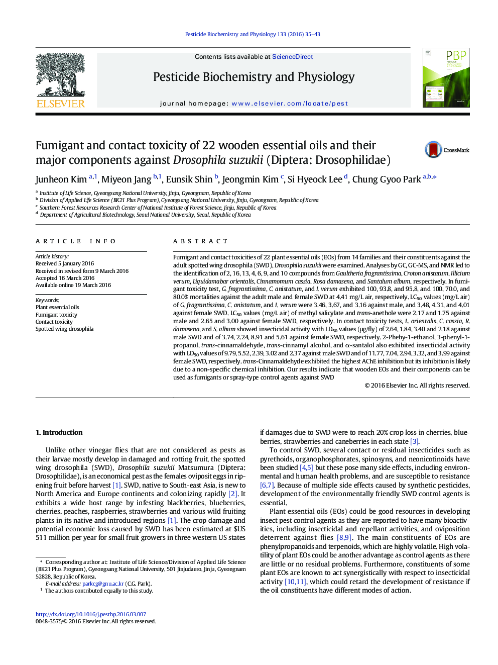 Fumigant and contact toxicity of 22 wooden essential oils and their major components against Drosophila suzukii (Diptera: Drosophilidae)