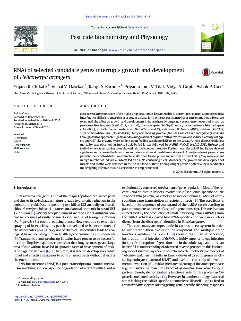 RNAi of selected candidate genes interrupts growth and development of Helicoverpa armigera