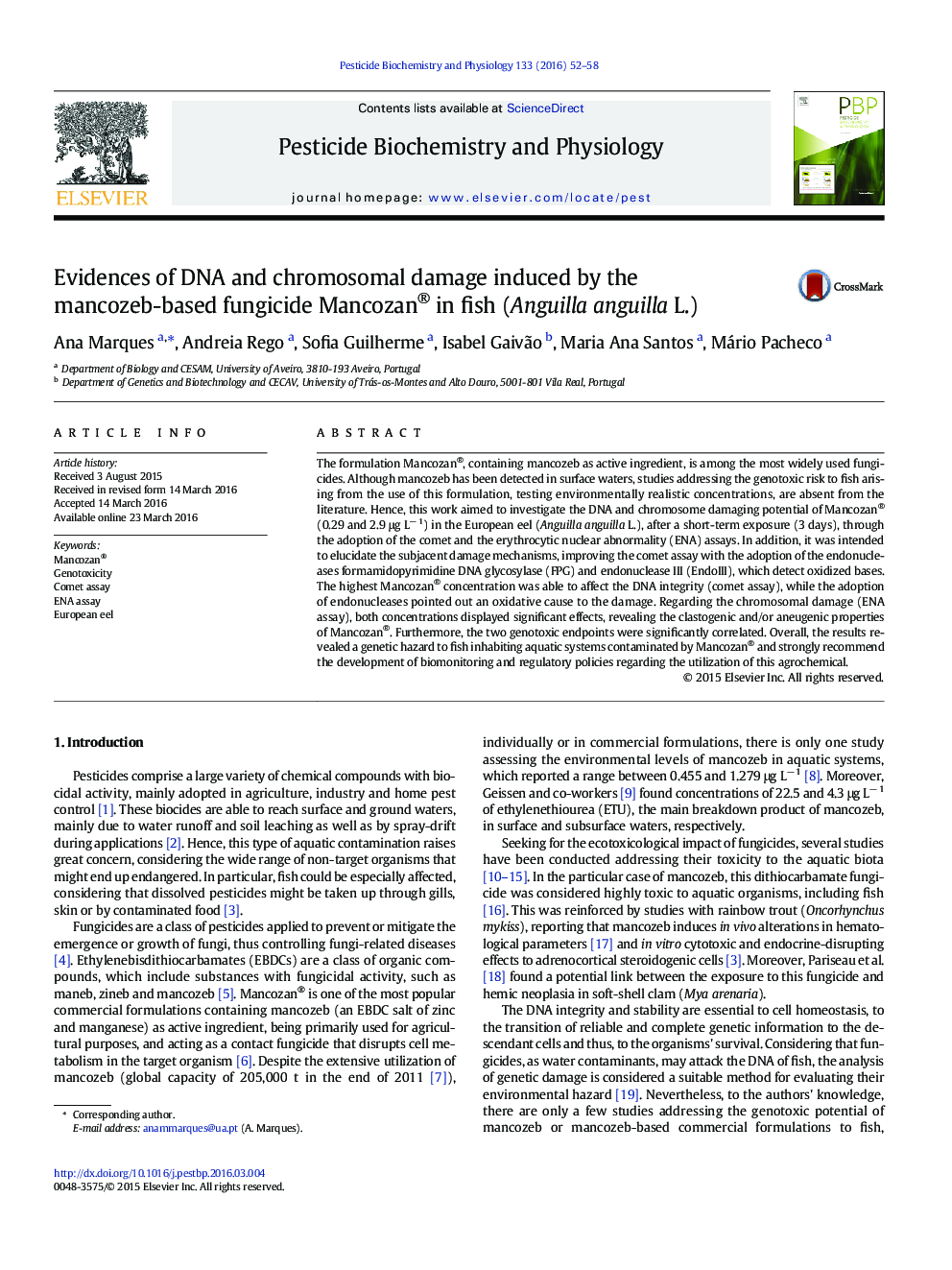 Evidences of DNA and chromosomal damage induced by the mancozeb-based fungicide Mancozan® in fish (Anguilla anguilla L.)