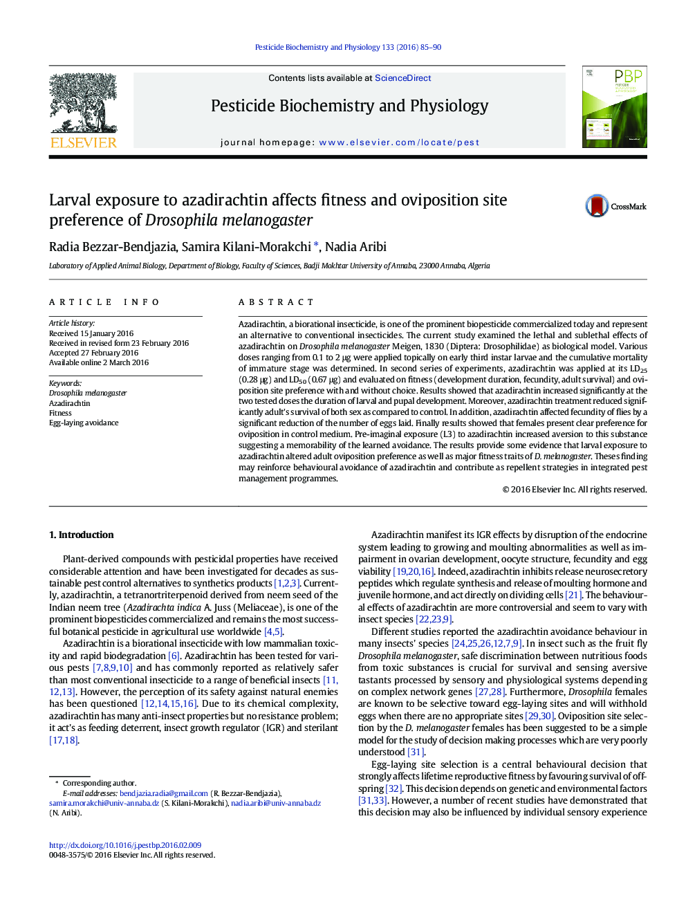 Larval exposure to azadirachtin affects fitness and oviposition site preference of Drosophila melanogaster