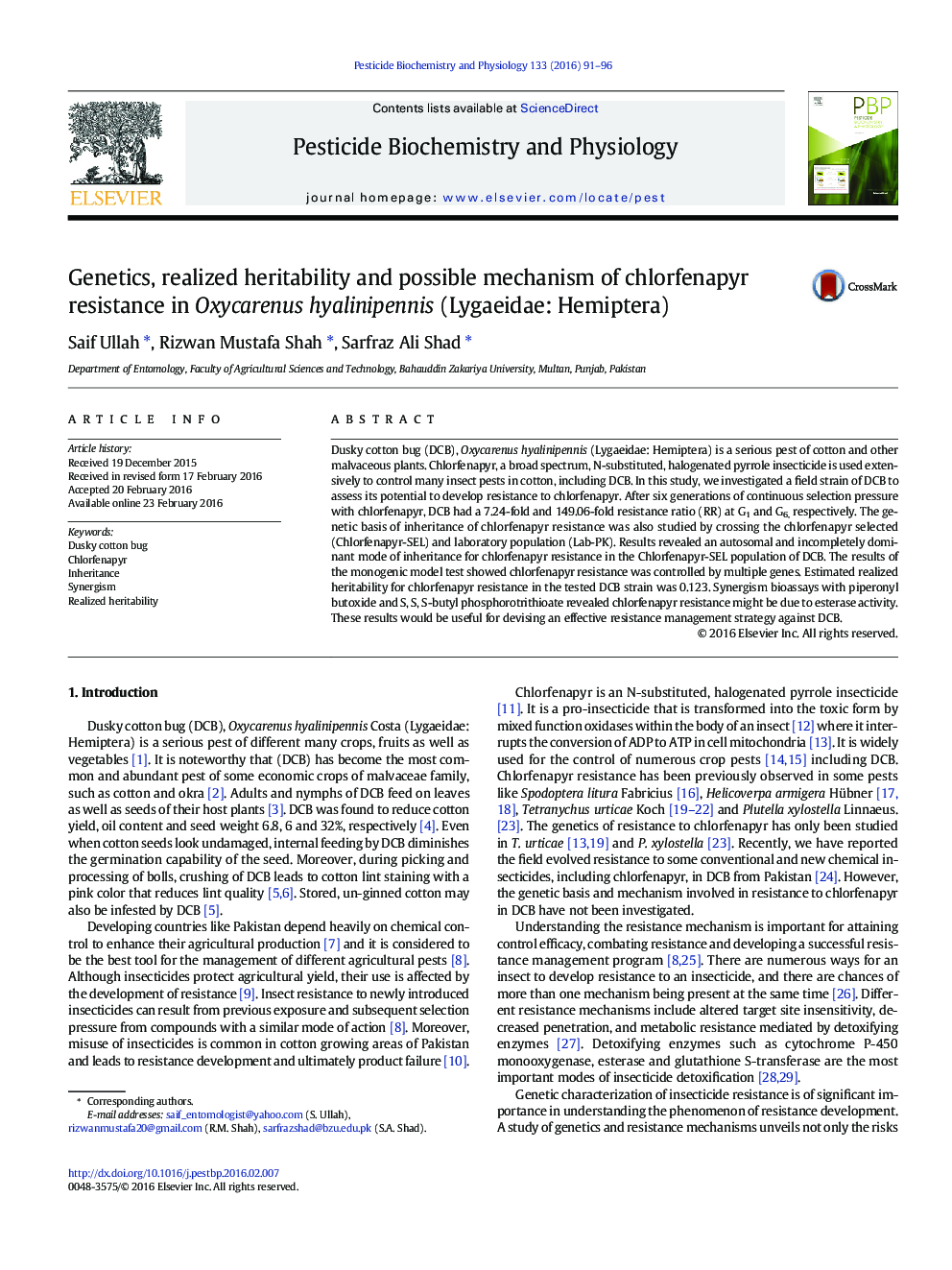 Genetics, realized heritability and possible mechanism of chlorfenapyr resistance in Oxycarenus hyalinipennis (Lygaeidae: Hemiptera)