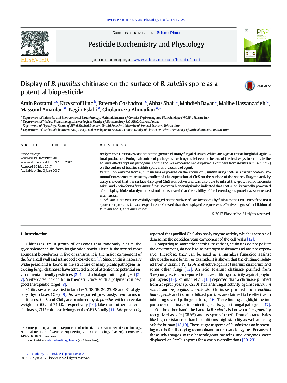 عکس صفحه اول مقاله: Display of B. pumilus chitinase on the surface of B. subtilis spore as a potential biopesticide Display of B. pumilus chitinase on the surface of B. subtilis spore as a potential biopesticide