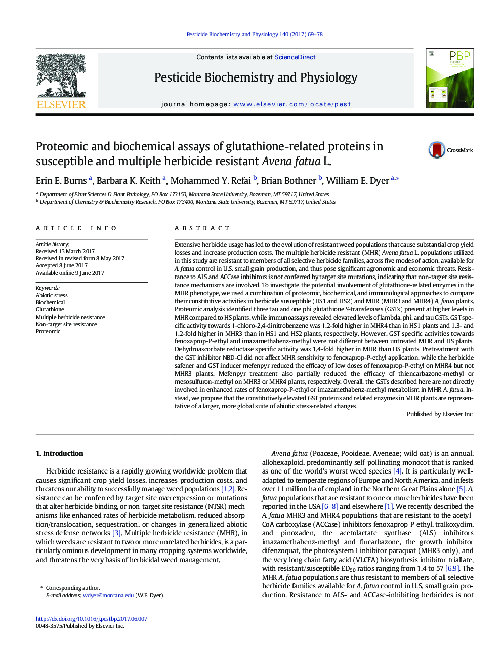 Proteomic and biochemical assays of glutathione-related proteins in susceptible and multiple herbicide resistant Avena fatua L.