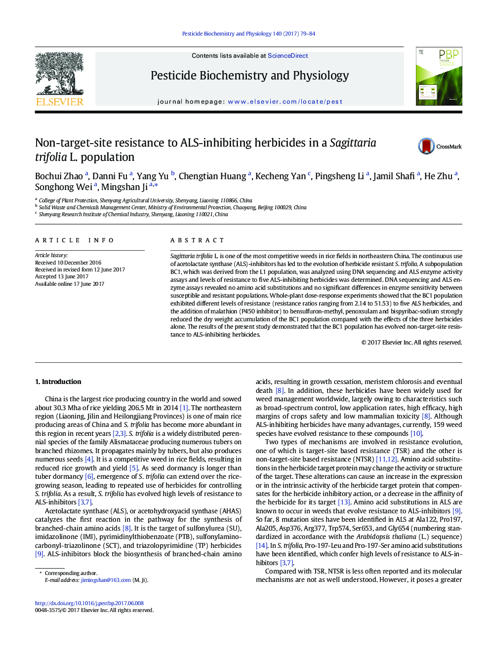 عکس صفحه اول مقاله: Non-target-site resistance to ALS-inhibiting herbicides in a Sagittaria trifolia L. population Non-target-site resistance to ALS-inhibiting herbicides in a Sagittaria trifolia L. population