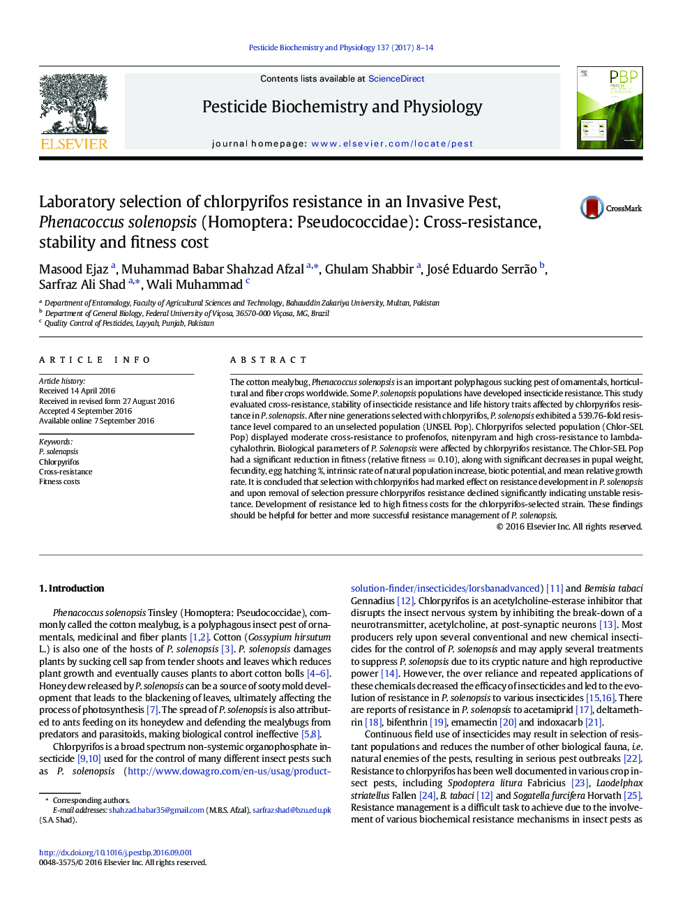 Laboratory selection of chlorpyrifos resistance in an Invasive Pest, Phenacoccus solenopsis (Homoptera: Pseudococcidae): Cross-resistance, stability and fitness cost