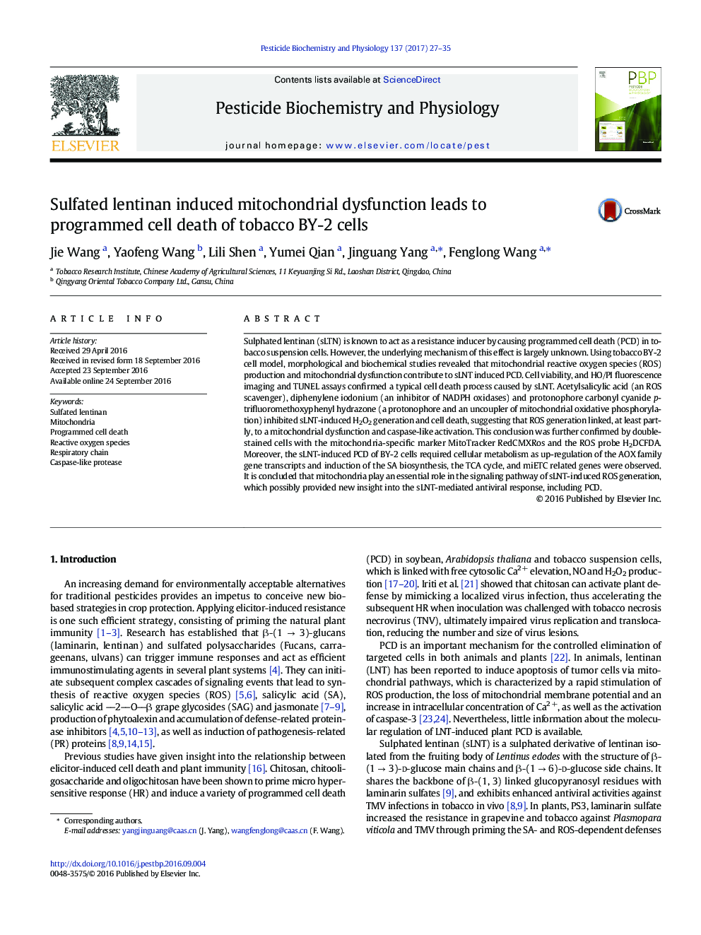 Sulfated lentinan induced mitochondrial dysfunction leads to programmed cell death of tobacco BY-2 cells