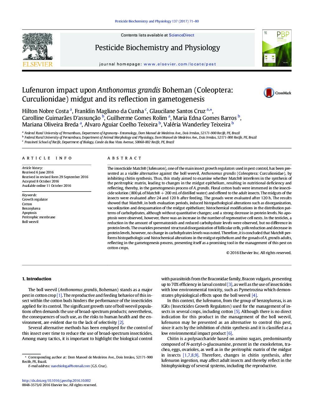 Lufenuron impact upon Anthonomus grandis Boheman (Coleoptera: Curculionidae) midgut and its reflection in gametogenesis