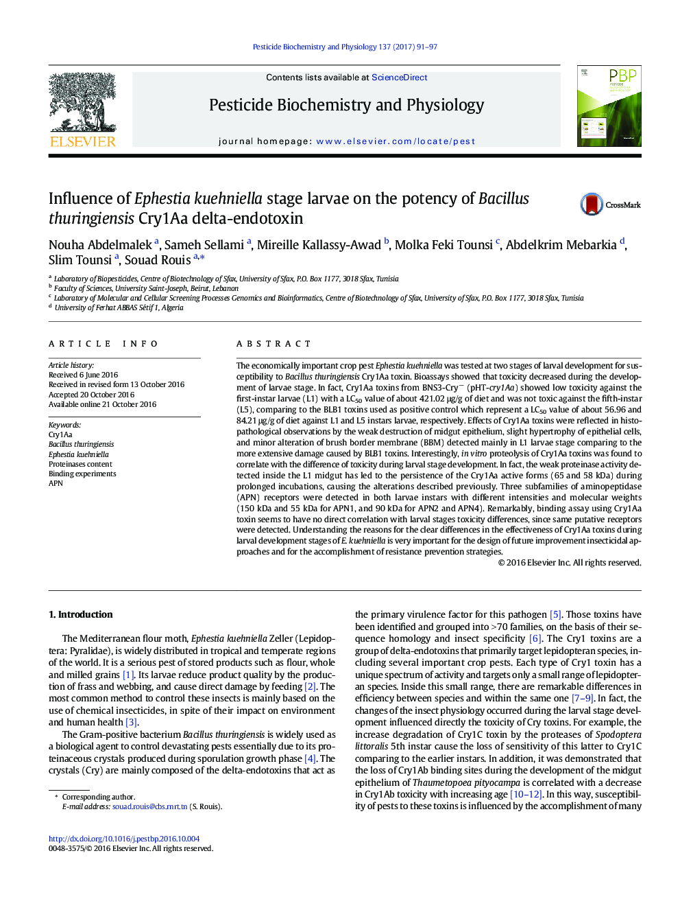 Influence of Ephestia kuehniella stage larvae on the potency of Bacillus thuringiensis Cry1Aa delta-endotoxin