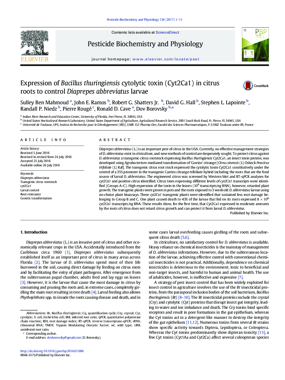 Expression of Bacillus thuringiensis cytolytic toxin (Cyt2Ca1) in citrus roots to control Diaprepes abbreviatus larvae