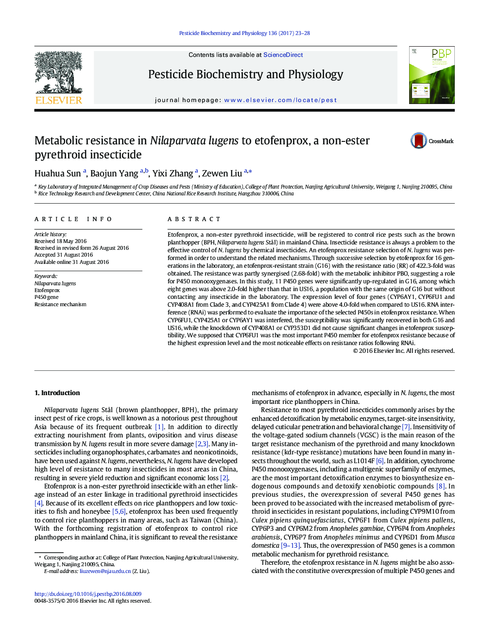 Metabolic resistance in Nilaparvata lugens to etofenprox, a non-ester pyrethroid insecticide